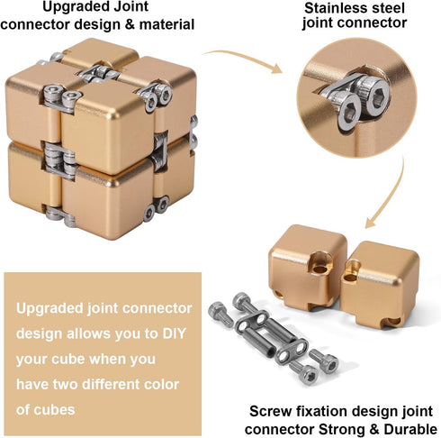 Aluminum Alloy Metal Infinity Cube Fidget Toy (Gold) - Handheld Desk Toy with Cool Case, 6 Colors, Relieve Stress