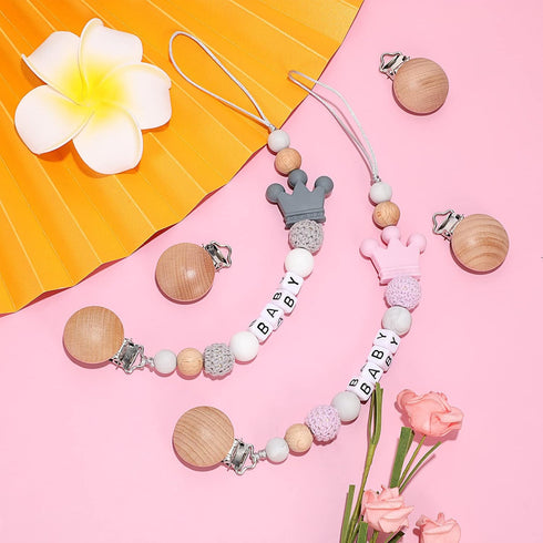 30 Pieces Natural Beech Wood Pacifier Clips, Teething Grasping Toy, DIY Pacifier Clip Holder