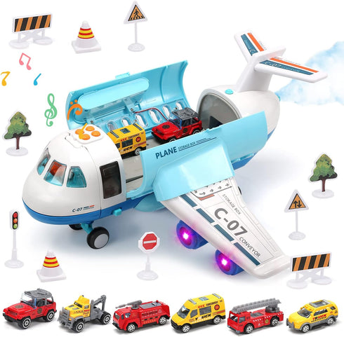 CUTE STONE Toy Airplane with Smoke, Sound and Light, Friction Powered Airplane with Mini Cars, Great Gift