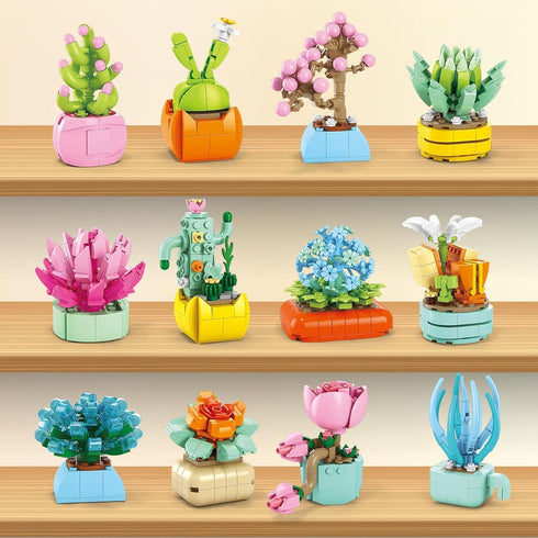 Qinline 24 Pack 6-12, Easter Gifts for Kids Succulents Flower Bouquets Building Blocks with Gift Cards for School, Boy