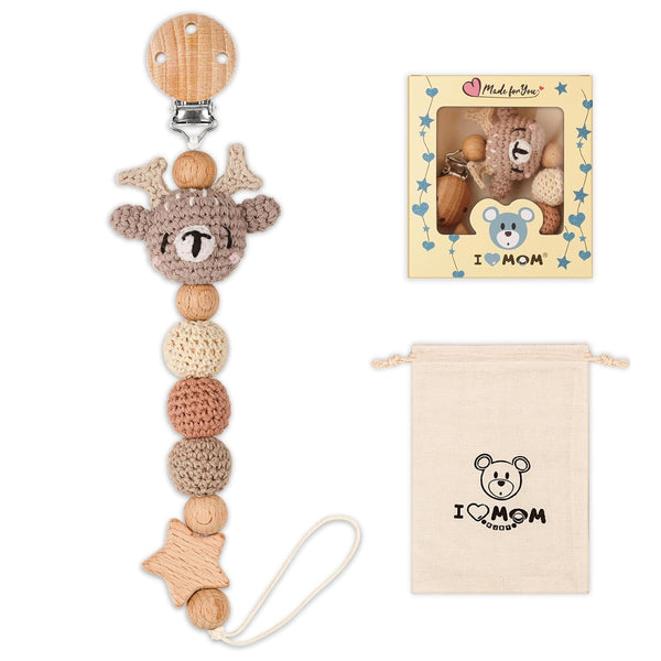 Cute Animal Pacifier Clip for Boys and Girls, Baby Teethers & Most Pacifiers, Baby Shower Essentials (Elk)