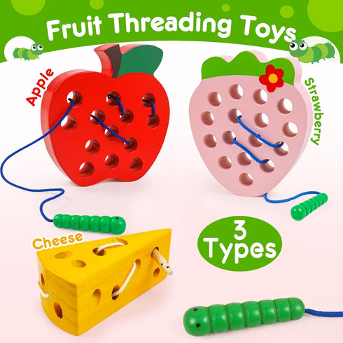 Wooden Lacing Toys for Toddlers - Montessori Educational Learning Fine Motor Skills Travel Toys for Boys Girls Ages 3+