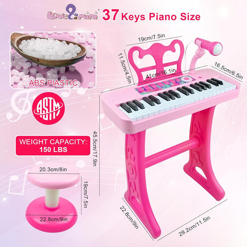 37 3 4 5 6 7 8 Love&Mini Kids Keyboard Toys for Girls - Keys Pianos Toy with Stool and Microphone Pink Electronic