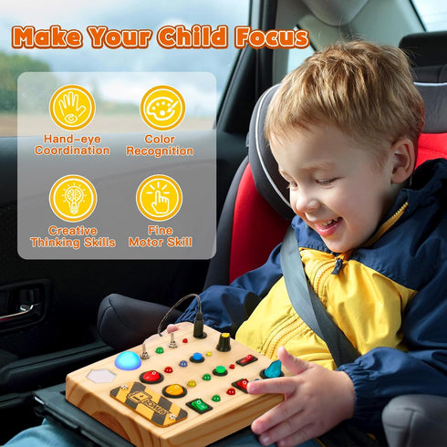 LED Busy Board, Wooden Sensory Toys for Toddler, Montessori Music Toy for Airplane, Educational Learning Toy
