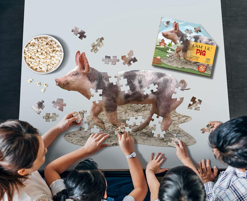 Madd Capp Lil' Pig 100 Piece Jigsaw Puzzle for Ages 5 and Up, Unique Animal-Shaped Border with Fun Facts