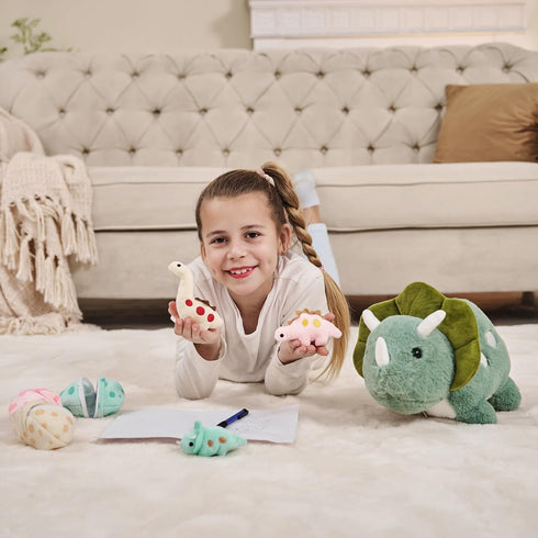 17.6in Plush Dinosaur Stuffed Animals, Mommy Dinosaur with 3 Baby Dinosaurs, Triceratops, T-Rex, Diplodocus