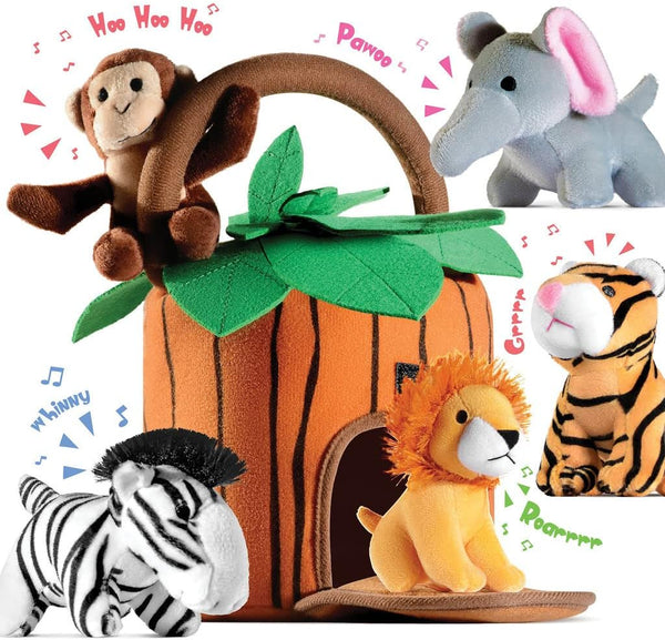 Play22 6-Piece Plush Talking Jungle Animals Set with Carrier for Kids, Babies