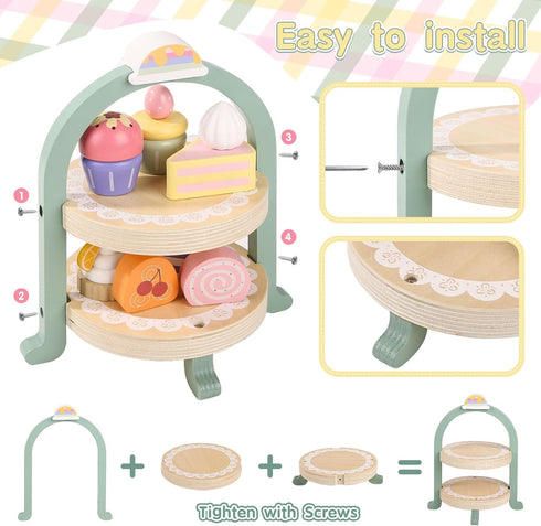 Set Set 2 3 4 5 6 Wooden Tea Party for Little Girls, Toddler Tea with Cupcake Stand & Food Dessert, Pretend Play Food