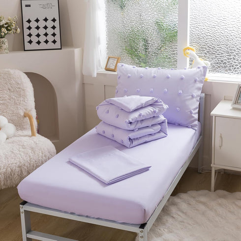 4 Set Set Caressma Lavender Pieces Toddler Bedding - Lovely Pom Pom Tufted Comforter for Girls - Includes Purple