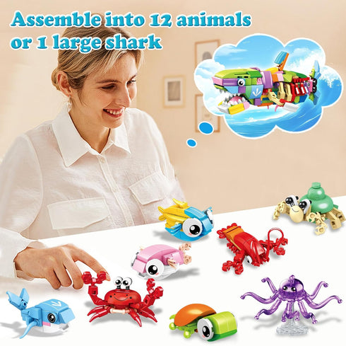 12 Pack Set, 12 1 14+ (353pcs) HIGH GODO Party Favors Building in Shark Marine Animals Building Blocks Toy for Goodie
