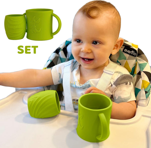Open Cup Set for Baby, 2 Handled Open Tiny Cups for Toddlers, Transitional Training Silicone Cup, Green