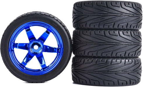 4PCS 1:10 RC Tires and Plastic Wheels Rims for On Road Touring Racing Drift Car, Traxxas HSP HPI (Blue)