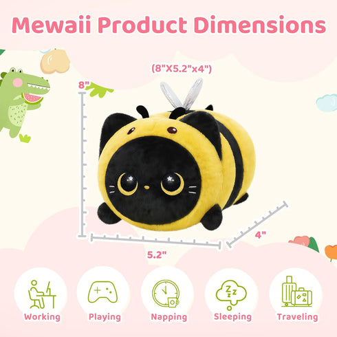 (8 Inch) Mewaii Cute Black Cat Bee Plush Pillow, Kawaii Plushies Bee Stuffed Toy, Kitten Plushies with Honeybee Outfit