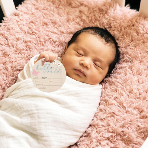 TAHULIK 5.9 Inch Hello World Newborn Sign, Butterfly Style Birth Welcome Board, Pink World Baby Announcement Sign