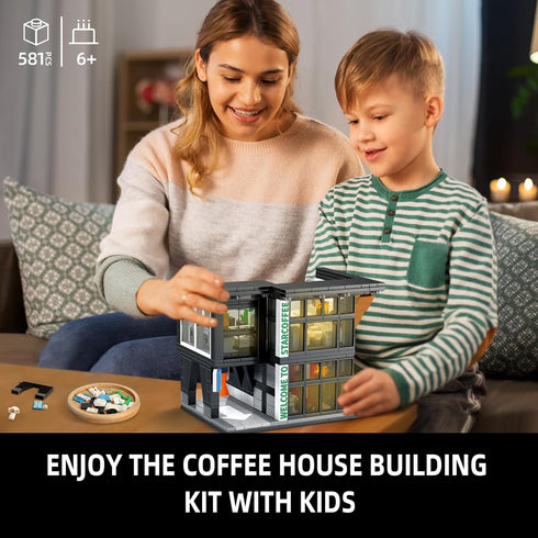 City Coffee House Architecture Building Blocks Set, Modern Cafe Shop Construction Toy with Light, Gift for Kids 6-12