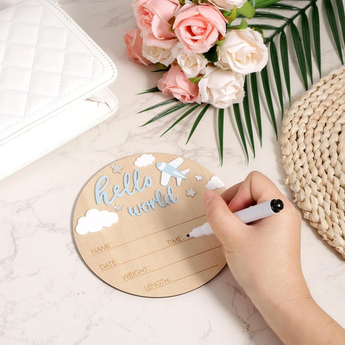 Penitue 5.9in Hello World Newborn Sign, Round Basswood Newborn Welcome Signs with Writing Pen Baby Name Birth Board