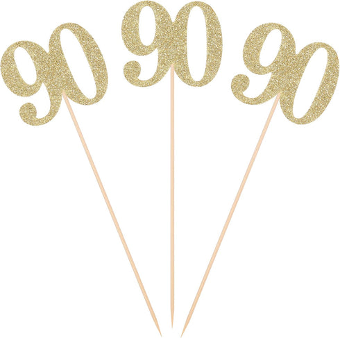 Pack of 10 Gold Glitter 90th Birthday Centerpiece Sticks, Number 90 Table Topper Age Letter Decorations