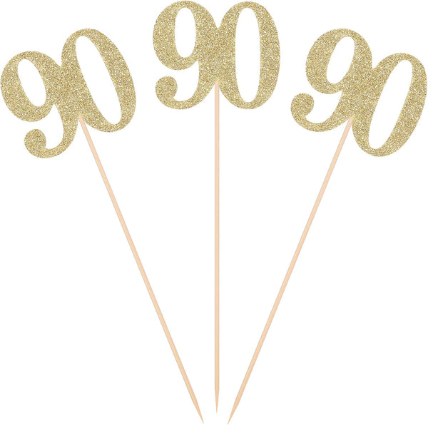 Pack of 10 Gold Glitter 90th Birthday Centerpiece Sticks, Number 90 Table Topper Age Letter Decorations