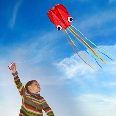 Large Octopus Kites - Beautiful Easy Flyer Beach Kites for Kids and Adults (Red+Blue)