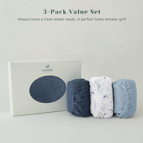 Coreeky 3 Pack Baby Muslin Bassinet Sheets for Boys & Girls, Soft Breathable Cotton Bassinet Mattress Cover, Universal