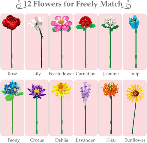 Flower Bouquet Building Set, 1009PCS DIY Plant Decoration, 12 Artificial Flowers for Ages 6+, Gift Idea