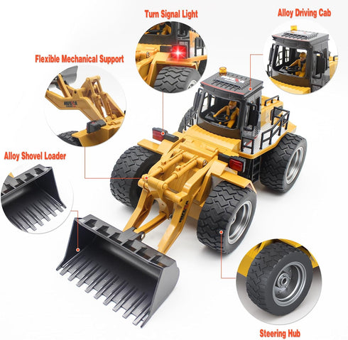Fistone 9 Channel RC Front Loader, 4WD Alloy Shovel Loader Tractor, 2.4Ghz RC Bulldozer Toy with Lights for Kids 8-12