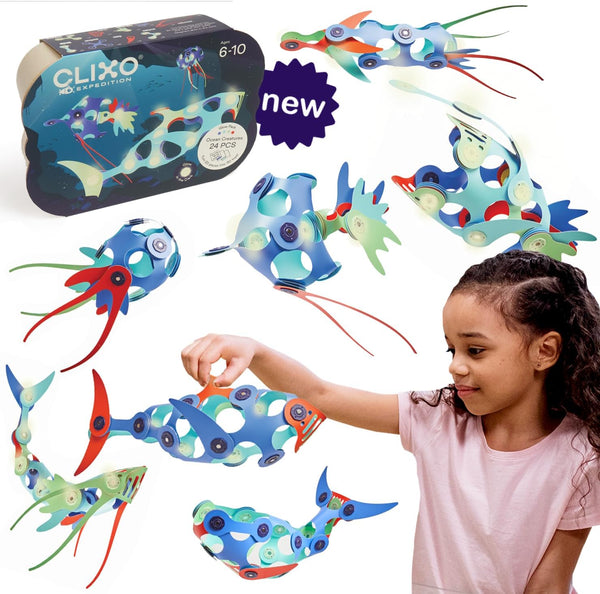 Clixo Ocean Creatures Pack - Glow-in-The-Dark Magnetic Building Toy, 24 Flexible Magnet Pieces for Underwater