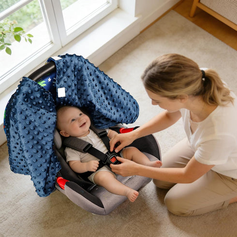 Hooyax Peekaboo Car Seat Cover for Baby Boy - Warm Minky Carseat Canopy with Adjustable Opening, Universal Fit
