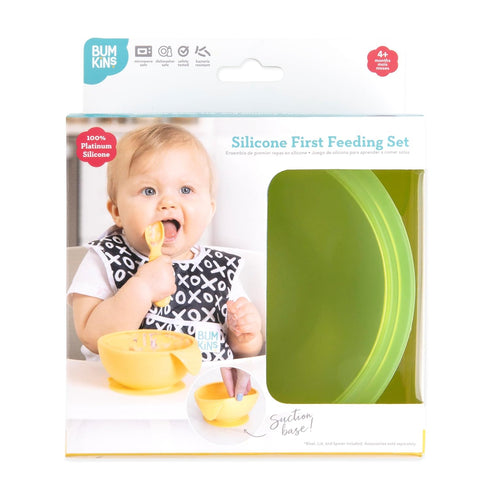 Bumkins Baby Bowl, Silicone Feeding Set with Suction, Includes Spoon and Lid, First Feeding Set, Green Jelly for Baby