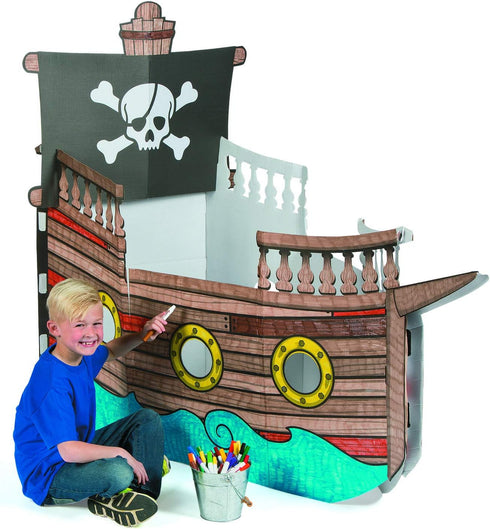 5 10" 4 8 1/2" Fun Express Ft. x Ft. Color Your Own Pirate Ship White Cardboard Playhouse - Great for School, Daycare