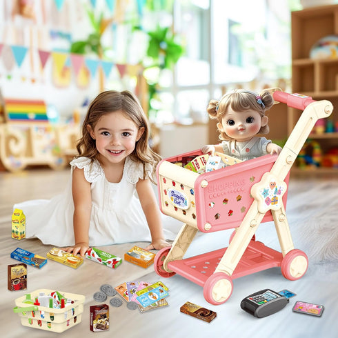 Cart,75PCS Playset 3 4 5 67 8+ RedCrab Kids Shopping Toy Shopping Cart with Food Shop Accessories, Adjustable Shopping