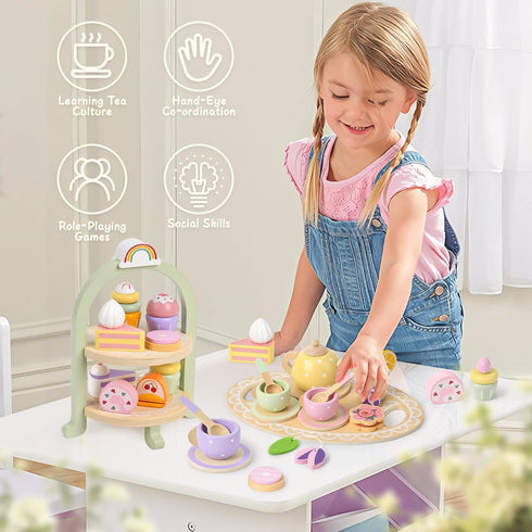 Set Set 2 3 4 5 6 3-6 Lonico Wooden Tea Party for Little Girls Toddler Tea with Cupcake Stand & Food Dessert, Play