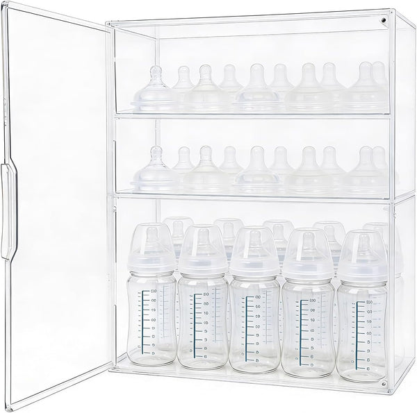 Penitue Baby Bottle Organizer, 3-Tier Clear Acrylic Storage Box with 2 Removable Dividers