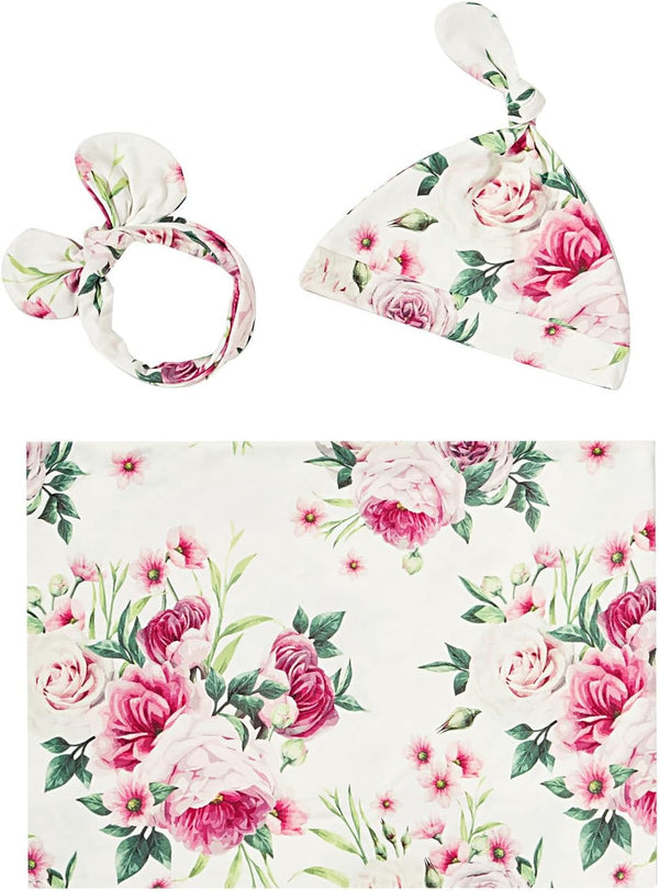 insular Swaddle Blankets Beanie Hat Headband Sets, Newborn Baby Girl Swaddle Sack,