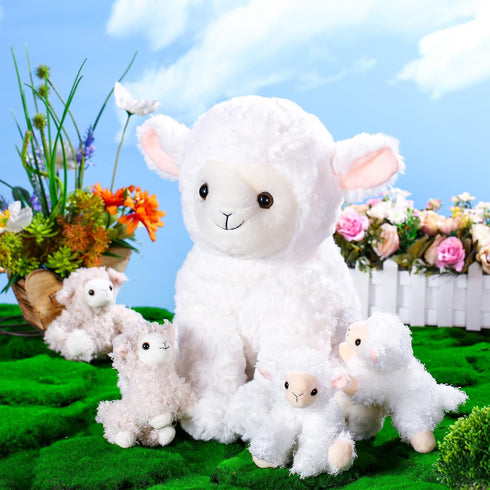 Lenwen 5 Pcs Lamb Stuffed Animal Set, 14 Inch Mommy Lamb Plush with 4 Cute Babies for Nursery Decor