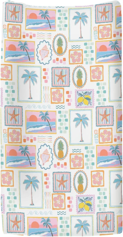 Summer 32''16'' Colorful Beach Patchwork Changing Pad Covers for Baby Girls Boys Bright Seashells Girly Fitted Change