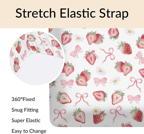 Cstdyfrv 52"x28" Strawberry Pink Bows Floral Baby Crib Sheets Sweet Watercolor Strawberry Daisy Flowers Soft Baby