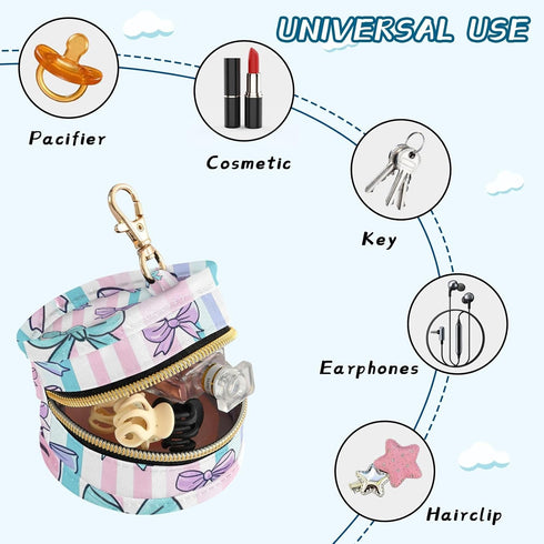 YETTASBIN Bow Portable Pacifier Holder Case with Metal Hook Buckle & Zipper for Diaper Bag and Stroller, Versatile