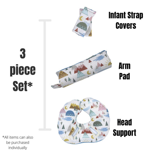 Set, Infant Car Seat Head Support White Mountain Print, Newborn Head Rest, Baby Strap Covers, Carry Cushion
