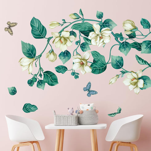 Amaonm Removable DIY 3D White Floral Leaf Art Decor, Blue Flower Vine Wall Sticker for Kids Room, 4 Sheets 12"x18"