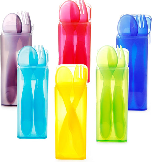 Youngever 6 Pack Plastic Toddler Utensils with Case, Kids Forks and Spoons, Large Size, Dishwasher Safe, Rainbow Colors