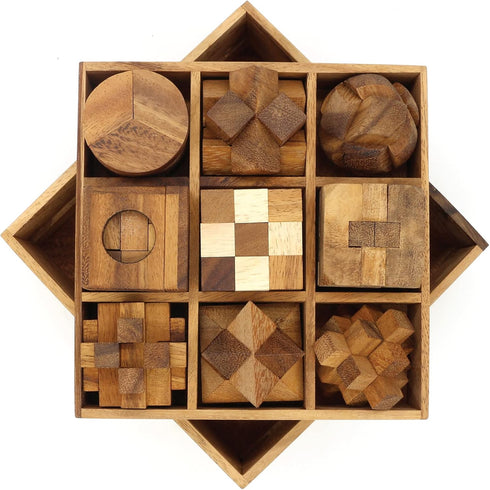 BSIRI 9 Puzzles in a Box, Wooden Brain Teaser Puzzles, Educational Kids Games, Ideal for Birthday Gifts