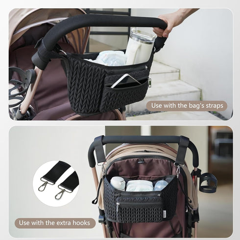 Stroller Organizer - Stylish Quilting Nylon, Universal Fit, Detachable Bag, Adjustable Multi-Storage for Baby Stroller