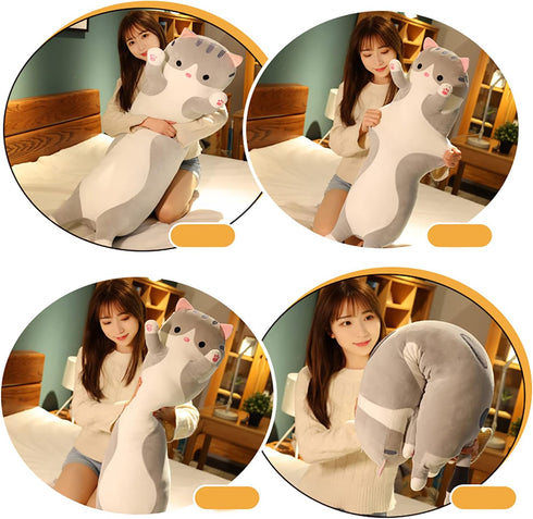 Soft Cat Plush Pillow - Long Stuffed Animals Sleeping Pillow, Cute Long Body Pillow Gift for Kids (43.5inch, Grey)