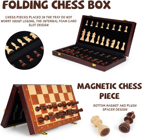 Set 15-Inch Set 2 Wooden Magnetic Chess Foldable Wooden Chess Board with Magnetic Pieces, Portable Travel Chess