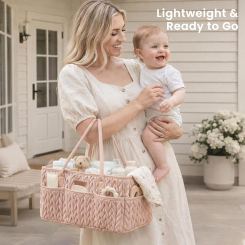 Konssy Braided Quilted Diaper Caddy Organizer, Boho Nursery Storage Basket with PU Leather Handles, Water-Repellent