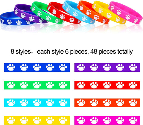 Gejoy 48 Pcs Paw Print Rubber Bracelets - Multicolor Dog Paw Print Silicone Wristbands for Birthday Party Supplies