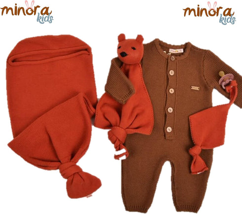 Minora Set, 1 Set (1 1 1 0-8 Newborn Essentials Baby Swaddle Blanket Piece Pacifier Holder, Cocoon Swaddle Sack, Teddy