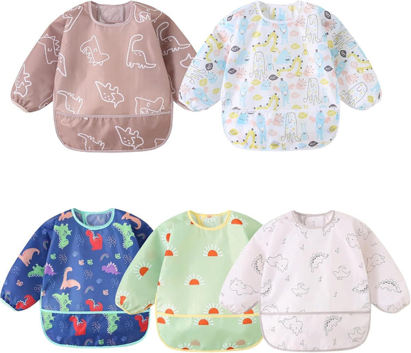 Hafftnun Long Sleeved Bibs,5 PCS Waterproof Wearable Bibs with Sleeves,Baby Feeding Smock 6-30