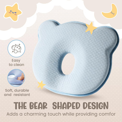 MarBoost Soft and Breathable Baby Pillow with Memory Foam and Bear Design (Blue)